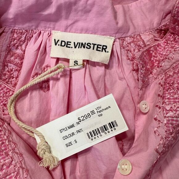 NWT V. De. Vinster Patchwork Embroidered Front Button Placket Blouse Pink Small - Picture 8 of 10